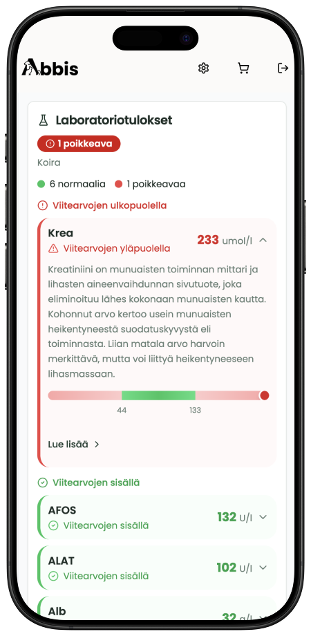Esimerkki Abbiksen laboratoriotulosnäkymästä mobiililaitteella